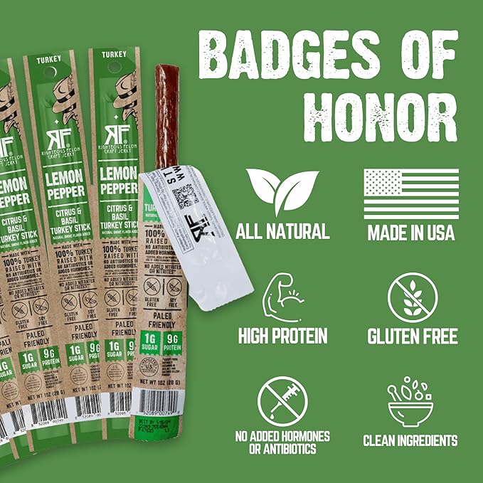 Righteous Felon Meat Sticks | 100% Turkey Sticks | Gluten Free & Keto Meat Sticks | Low Sugar & High Protein Turkey Sticks | Healthy Snack for Adults | Jerky Gifts for Men | Lemon Pepper, 24 Pack