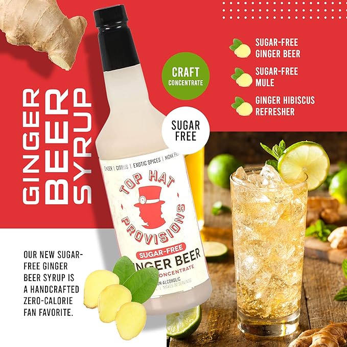 Top Hat Keto Sugar Free Diet Ginger Beer Syrup - Made with Organic Monk Fruit – Zero Sugar Ginger Syrup for Soda Makers - Makes 32 Craft Sodas, Cocktails, Mules or Mocktails - Compatible with SodaStream - 32oz bottle