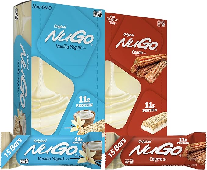 NuGo Original Variety, Vanilla Yogurt 15 bars & NEW! Churro 15 bars, 11g Protein, Gluten Free, 30 Count