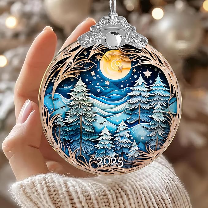 Christmas Ornaments, Winter Night Landscape 2025 Christmas Ornament, Large Acrylic Ornaments for Christmas Tree, White Elephant Gifts, Christmas Decor (Blue Forest)