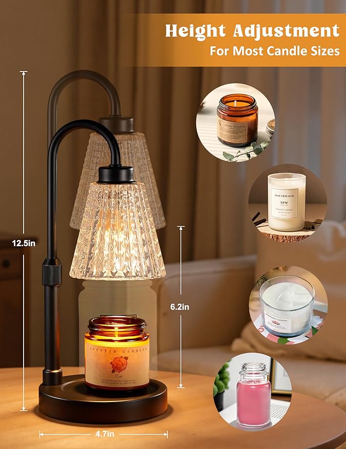Innqoo Black Crystal Candle Warmer Lamp with Timer, Dimmable Candle Warmer for Jar Candles, Height Adjustable Wax Melts Warmer, Birthday Gifts for Women Mom, House Warming Gifts New Home Decor