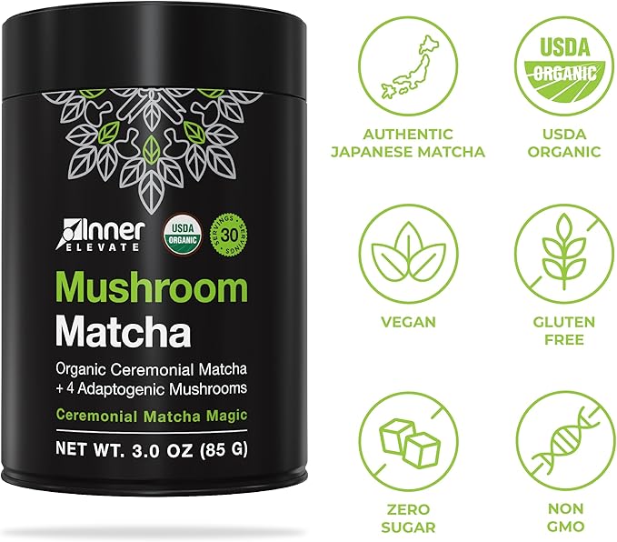 Inner Elevate Mushroom Matcha - Organic, Ceremonial-Grade Matcha Powder with 4 Superfood Mushrooms - Adaptogenic Mushroom Tea Drink with Lion's Mane, Cordyceps, Turkey Tail, Reishi (30 Servings)