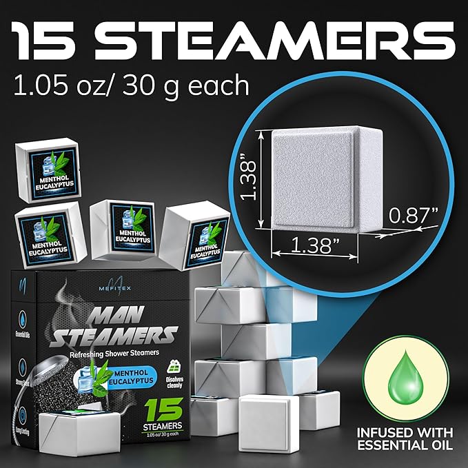 Shower Steamers for Men 15 Pack Menthol Aromatherapy Shower Steamers, Strong Scent, Long Lasting, Premium Essential Oils, Gifts for Men Relaxation and Sinus Relief