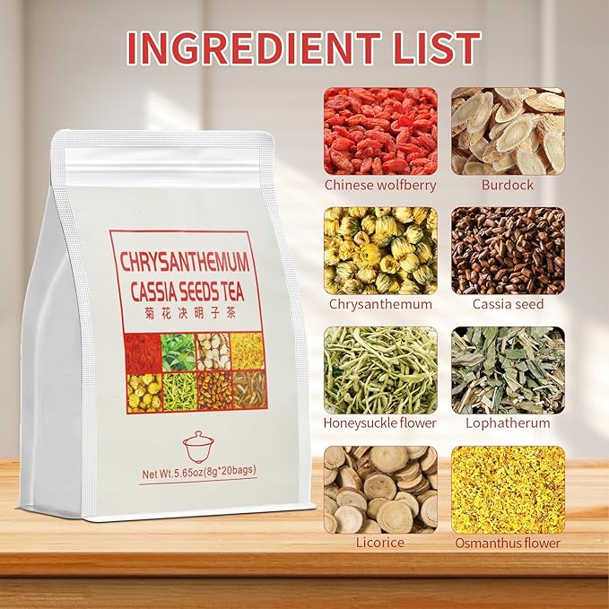 Liver Detox Tea,Chrysanthemum Cassia Seeds Tea Bags(160g, 8gX20Bags), Honeysuckle, Chinese wolf-berry, Sweet-scented Osmanthus, Burdock Root Combination of Floral Tea 菊花决明子茶包