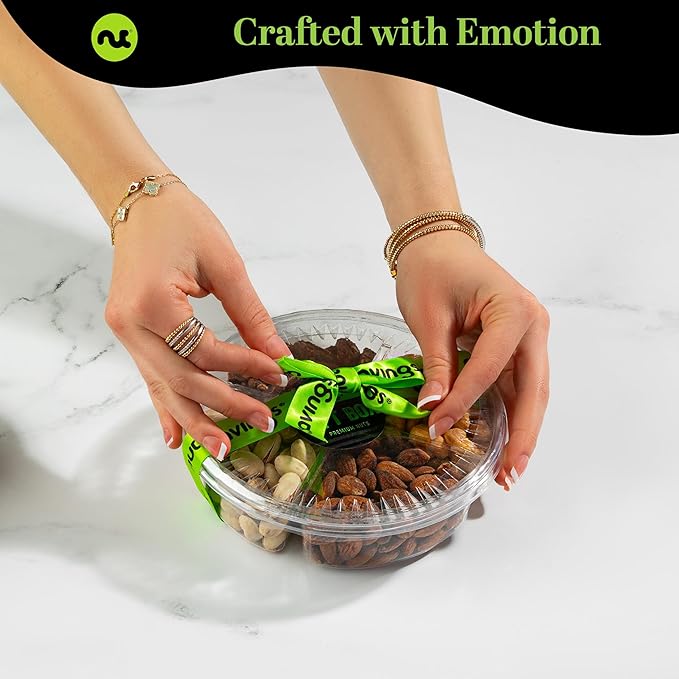 NUT CRAVINGS - Diwali Sweets Hamper Mixed Nuts Gift Basket + Green Ribbon (4 Assortments) Food Arrangement, Healthy Snack Care Package, Food Assortments