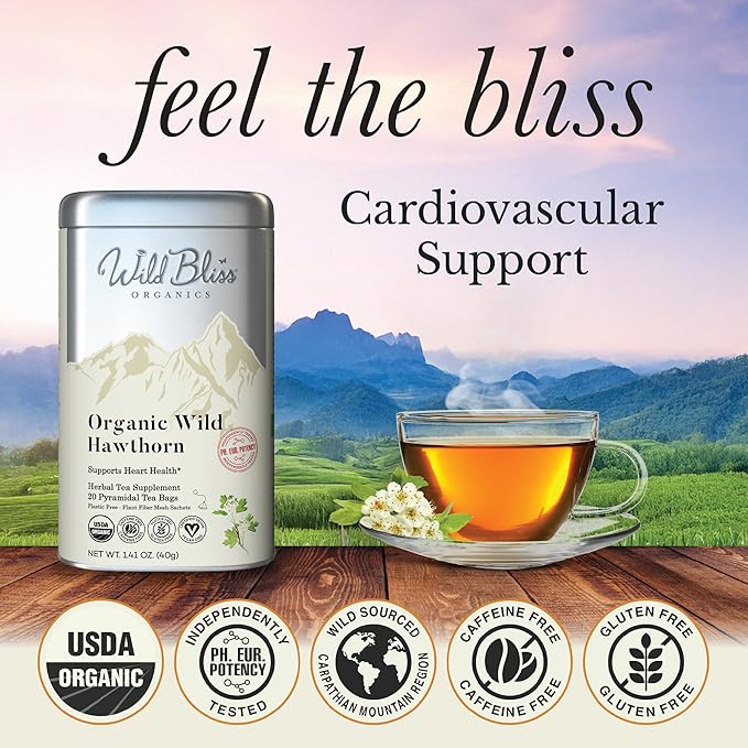 Wild Bliss Organic Wild Hawthorn Leaf and Flower Herbal Tea - Caffeine Free Heart Health Herbal Support - 20 Plant Based Tea Bags