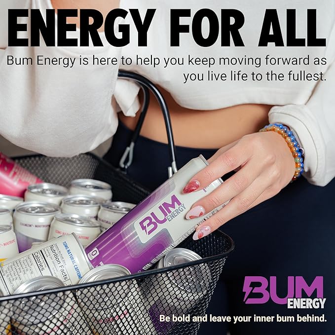 BUM Sugar-Free Energy Drink, Grape - Lightly Carbonated & No Artificial Colors, Natural Caffeine & Citicoline for Energy & Focus, Brain Boost & Workout Sports Beverage - 12 oz, Pack of 12