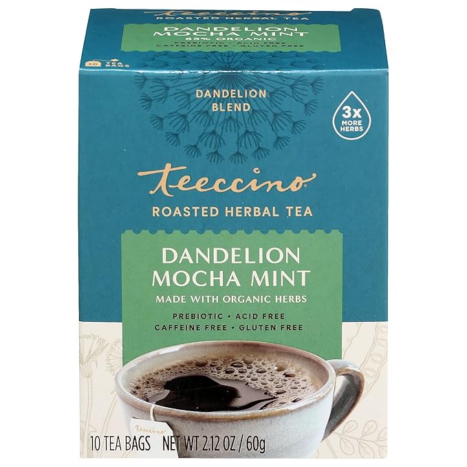 Teeccino Dandelion Mocha Mint Tea - Caffeine Free, Roasted Herbal Tea with Prebiotics, 3x More Herbs than Regular Tea Bags, Gluten Free - 10 Tea Bags (Pack of 4)