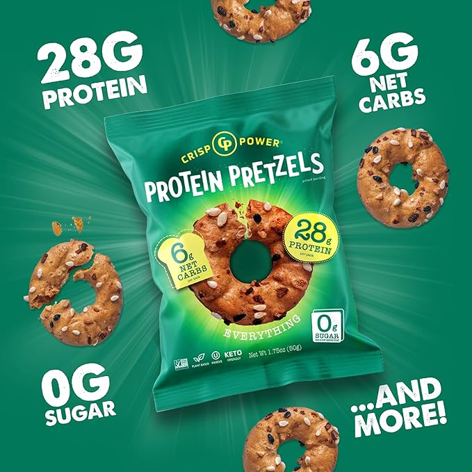 Crisp Power Protein Pretzels, Everything, High Protein Vegan Keto Snack, 28 G Plant Based Protein, Low Carb Crunchy Pretzel Snacks, Sugar Free, No Seed Oils, 1.75 oz Bags, 24 Pack