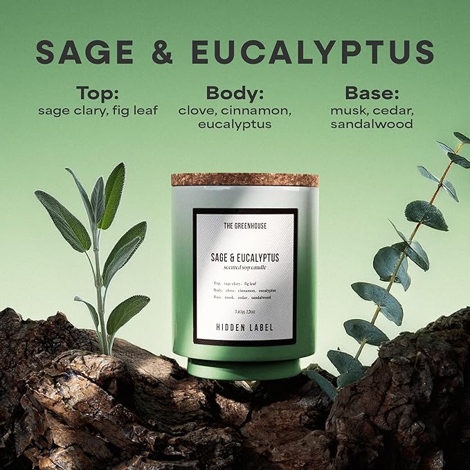 Hidden Label Eucalyptus&Sage Soy Candle, 12oz/75-Hours Burn Time, 100% Natural Candles Non Toxic, Aromatherapy Candle for Home Scented,Women,Stress Relief, Meditation, Yoga & Relaxation