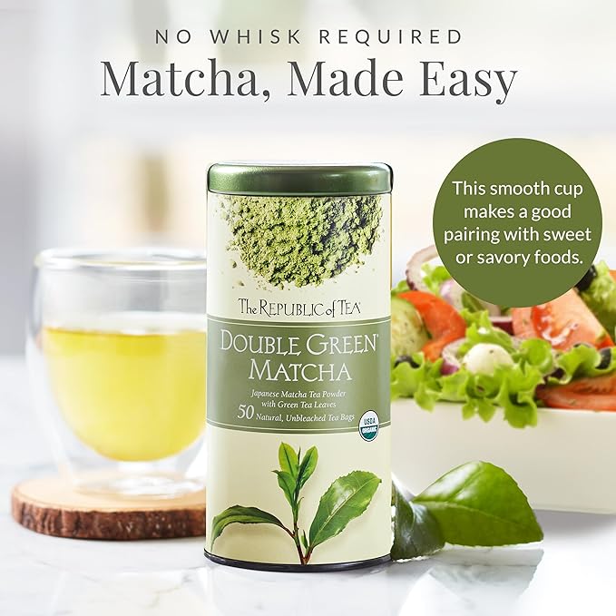 The Republic of Tea - Organic Double Green Matcha, Naturally Caffeinated Japanese Green Tea Powder and Leaves, Steeps 50 Cups (Pack of 2)
