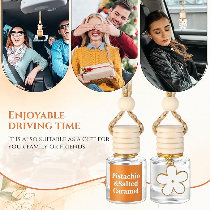 2 Sets Hanging Car Air Freshener and Essential Oil Diffuser, Car Air Freshener Daisy Essential Oil Diffuser Long Lasting Automobile Aromatherapy (White,Pistachio & Salted Caramel)