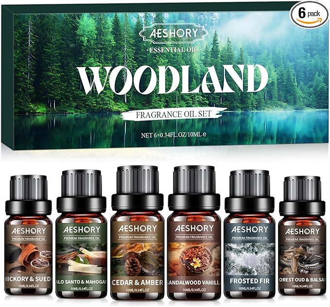 Woodland Essential Oils Set, Woody Scent Fragrance Oil Kit, Aromatherapy Oils for Diffusers (6 * 10ML), Sandalwood &Vanilla, Forested Fir,Palo Santo&Mahogany,Cedar & Amber, Oud &Balsam,Hickory&Suede