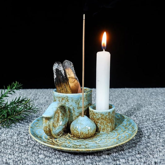 5-in-1 Ceramic Palo Santo Burner Holder Blue -Small Candle Holder & Smudge Burning Tray Bowl,Fits Incense Sticks/Cones, Sage.Zen Altar for Meditation Room, Aromatic Scents, Matches Compatible