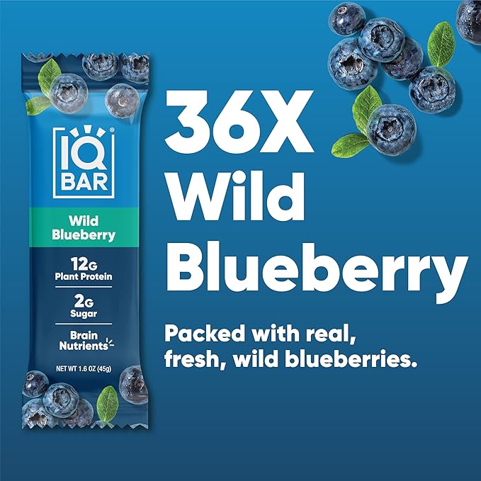 IQBAR Brain and Body Plant Protein Bars - Wild Blueberry - 36-Count - Keto, Vegan, Low Carb, High Fiber, Gluten Free, Dairy Free, Low Sugar Snack with Nutrients for Focus, Energy, Meal Replacement
