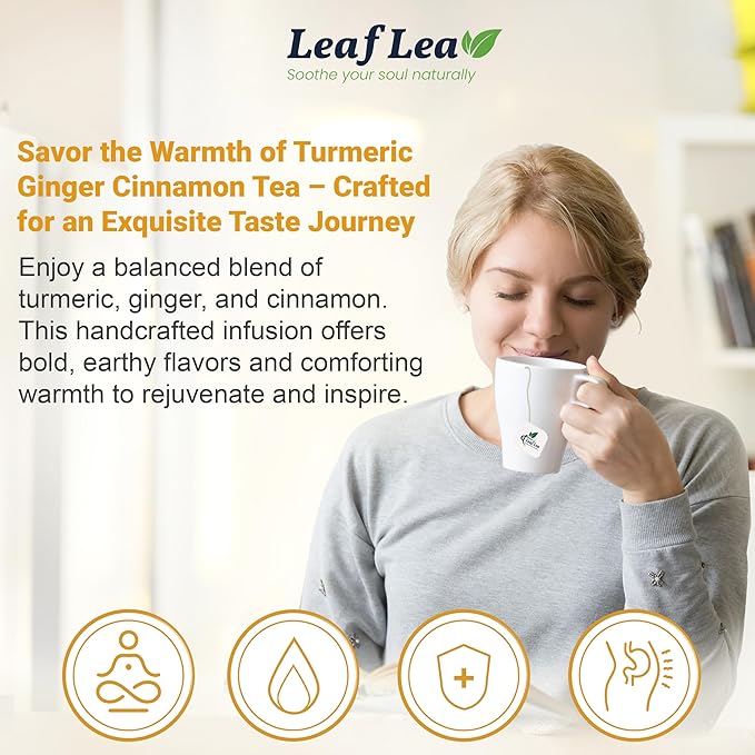LeafLea Turmeric Tea with Ginger and Cinnamon, 80 Premium Turmeric Ginger Tea Bags, Supports Immune Health & Digestion, 100% Natural & Pure Blend Herbal Tea, Caffeine-Free, No Sugar, Vegan