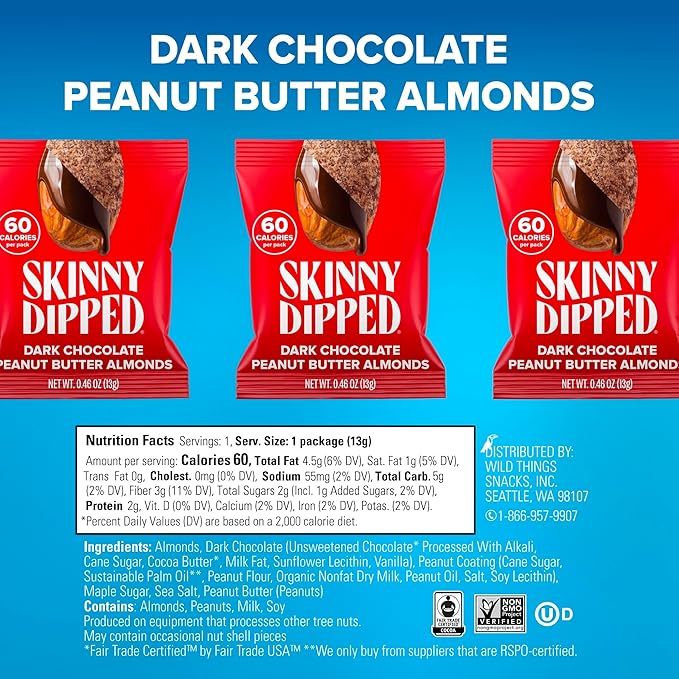 SkinnyDipped Snack Attack Minis Almond Variety Pack, Healthy Snack, Plant Protein, Gluten Free, 0.46 oz Mini Bags, Pack of 25