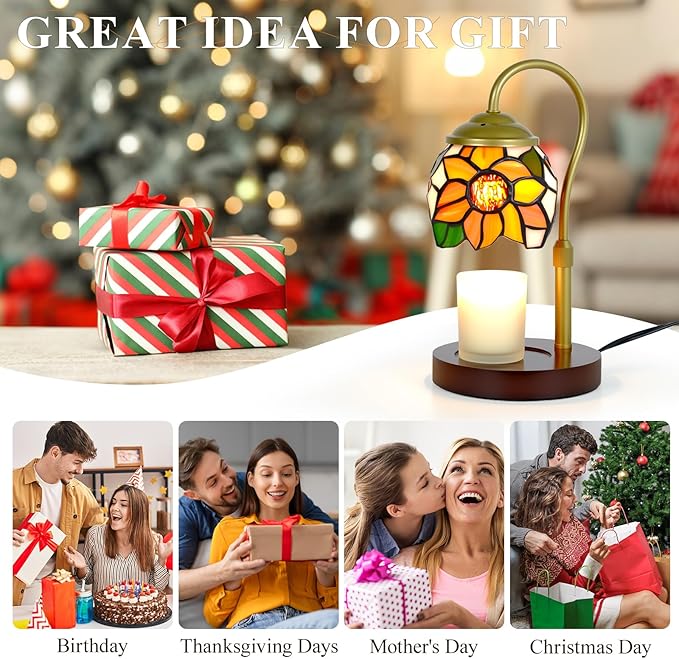 Candle Warmer Lamp - Electric Candle Lamps Timer Dimmer, Sunflower Tiffany Style Stained Glass Candle Warming Lamp Compatible with Jar Candles Gifts for Mom Friend Wax Melt Warmer for Home Decor