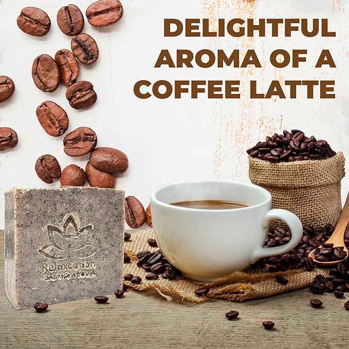 100% Handmade Coffee Scrub Soap Bar with Fresh Ground Coffee and Cocoa Butter - Cold Process Soap with Latte Aroma Oil - Good Scrubbing Effect - Perfect for Body Exfoliating and Moisturizing (3 bars)