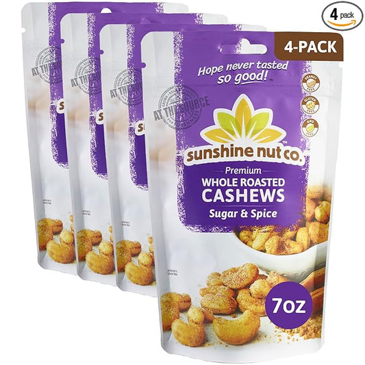 Sunshine Nut Company Whole Roasted Lightly Salted Cashews, Sugar and Spice Flavor, 4 Pack, 7 oz. Each, Gluten Free, Peanut Free and Vegan Individual Snack Packs for Kids and Adults, GMO Free