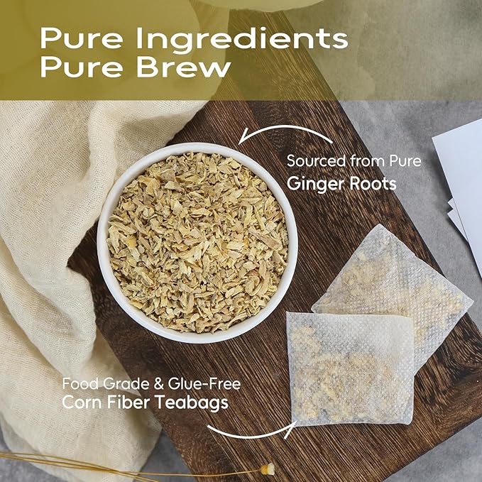 FullChea - Ginger Tea Bags, 1.5g*100 Counts - Pure Ginger Root Tea to Soothe & Invigorate - Non-GMO, Caffeine-Free, Support Digestion & Boost Immunity