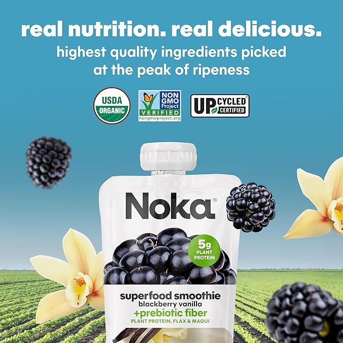 Noka Superfood Fruit Smoothie Pouches, Blackberry Vanilla, Healthy Snacks with Flax Seed, Plant Protein and Prebiotic Fiber, Vegan and Gluten Free Snacks, Organic Squeeze Pouch, 4.22 oz, 12 Count