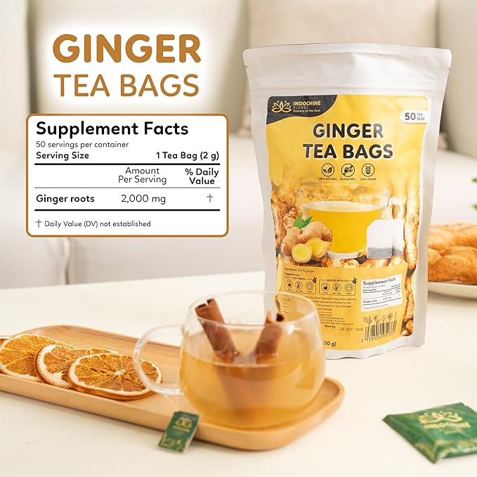Indochine Blends Ginger Tea Bags | 100% Pure Ginger Root | Sugar-Free, Caffeine-Free Herbal Tea | Double Chamber, Individually Wrapped Bags| Rich in Natural Goodness and Flavor | 3.5 oz | 50 Tea Bags