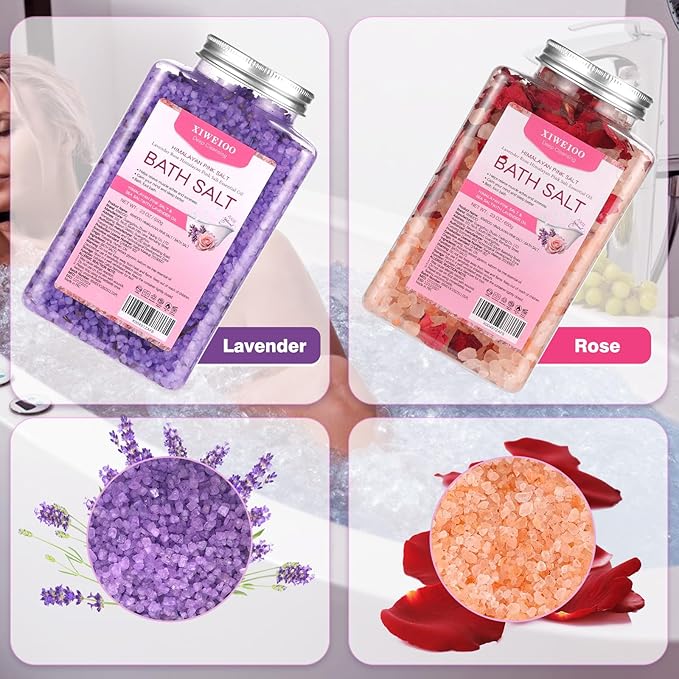 Bath Salts -46 oz, Pack of 2 Natural Epsom Salt Rose, and Lavender- Essential Oils Relaxes and Better Sleep Himalayan Pink Salt Foot Soak Tea Tree Oil