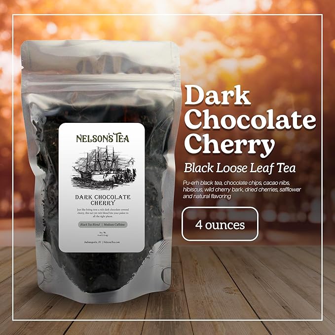 Nelson's Tea Dark Chocolate Cherry - Rich blend of Pu-erh Black Tea, Chocolate Chips, Wild Cherry Bark, Dried Cherries Herbal Loose Leaf Tea - 4oz