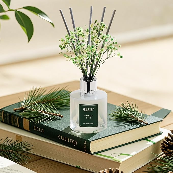 Airkeep Reed Diffuser Set,3.38 fl oz (100 ml) - Balsam & Fir Oil Diffusers with 8 Reed Sticks,Home Fragrance Reed Diffuser for Bathroom Shelf Decor Winter Fragrance