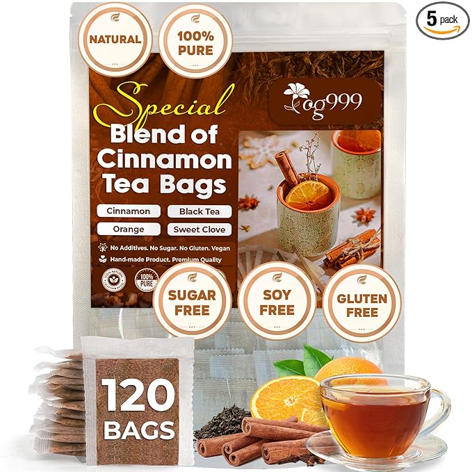 TOG999, 120 Tea Bags – Special Blend of Cinnamon, Black Tea, Orange Peel and Cloves, 100% Natural Ingredients, Hand-made Blend Herbal Tea. Eco-conscious Tea Bags. No Sugar, No Caffeine, No Gluten, Vegan.