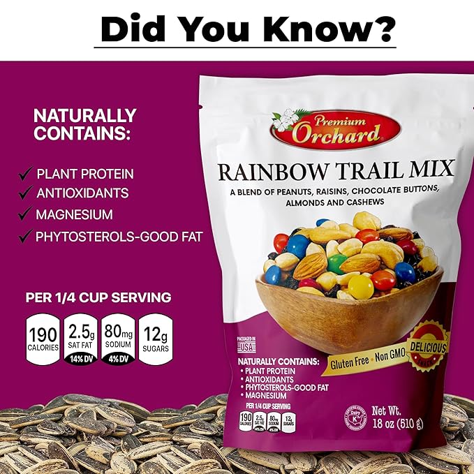 MIXED NUTS Rainbow Trail Mix by Premium Orchard - Healthy Trail Mix Variety Pack Peanuts Raisins Cashews Almonds Chocolate Buttons Heart Healthy Snacks for Adults and Kids Snacks Gluten Free