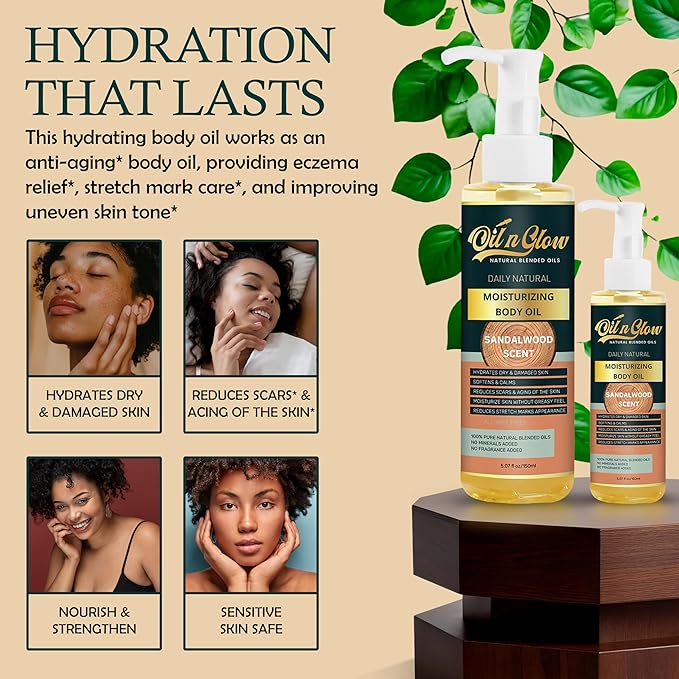 USDA Certified Organic Pure Natural Hydrating Body Oil After Shower With Coconut, Jojoba, Olive & Almond Non-Greasy Moisturizing Oil For Women & Men Dry Skin 5.07 fl oz/150ml-Sandalwood Scent