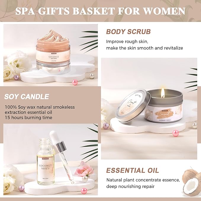 Gifts for Women Bath and Body Gift Basket Set for Women, 12 Piece Set of Coconut Home Spa Set for Self Care, Mothers Day Relaxing Bath Sets Birthday Christmas Gifts for Mom Sister Her Wife