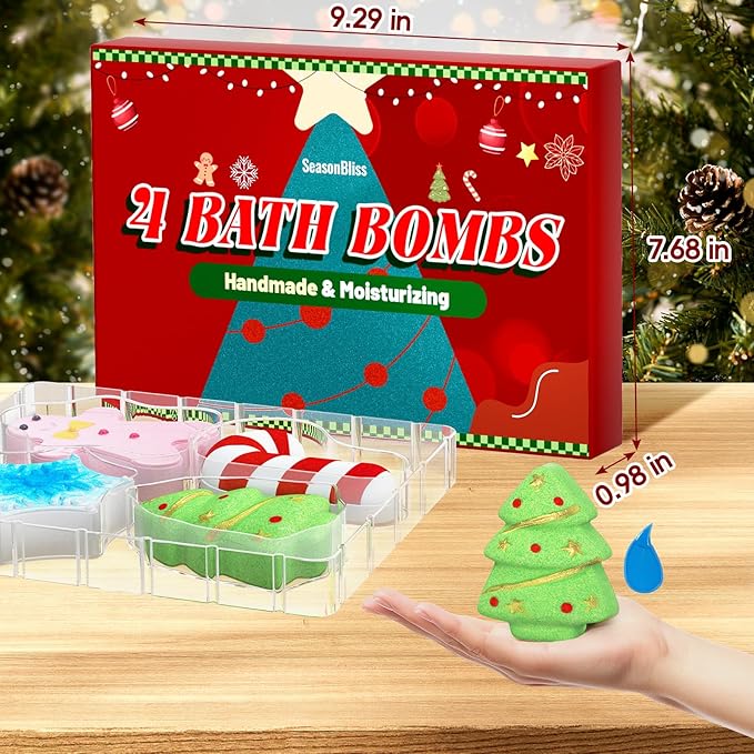 Bath Bombs Set, Shower Bombs, 4 PCS Handmade Bubble Bath with Gingerbread & Christmas Tree & Candy Cane & Snowflake, for Present Cute Women Boys and Girls
