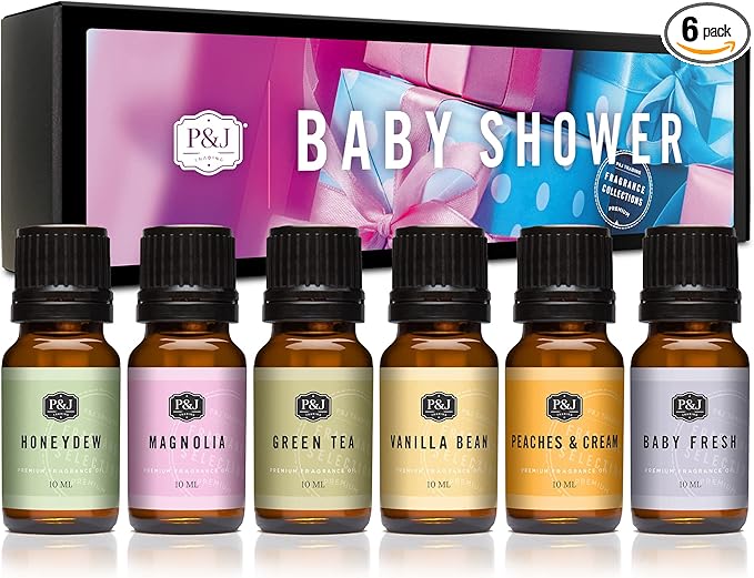 P&J Trading Fragrance Oil Baby Shower Set | Fresh Peaches & Cream, Green Tea, Magnolia, Honeydew, Vanilla Bean Candle Scents for Candle Making, Soap Making Supplies