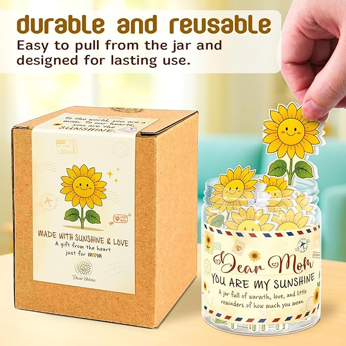 Mom Affirmation Jar – You Are My Sunshine Gift - Mom Birthday Gifts From Son, Daughter - Mothers Day, Christmas, Birthday Gifts For Moms - 60 Positive Sunflower Affirmation Cards