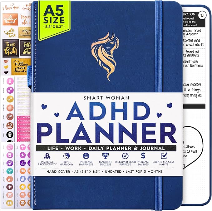 Adhd Daily Planner - A Self Care Personal Gratitude Journal to Increase Productivity and Success in Life & Work, Weekly & Monthly Undated Planner for Women and Men, Vision Board & Organizer + Stickers