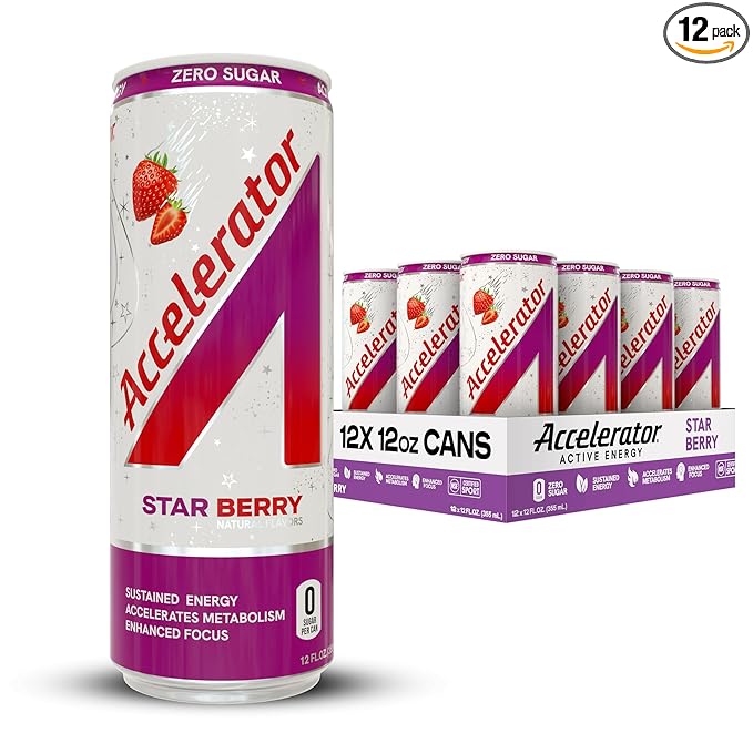 Accelerator Energy Drink Sugar Free, Star Berry 12oz can(12 pack)Zero Sugar Energy Drinks with Sustained Energy from 100% Natural Caffeine (200mg) & Green Tea extract