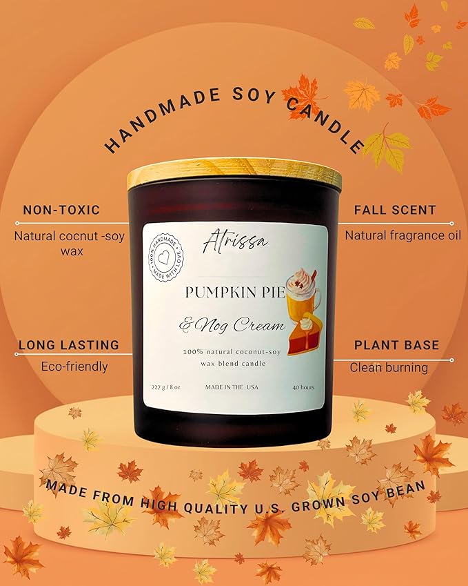 Pumpkin Pie & Nog Cream Scented Coconut-Soy Candles 8Oz, Fall Scented Candle,Non Toxic Candle for Home, Made in The USA,100% Natural Candle (8 Oz, Pumpkin Pie & Nog Cream)