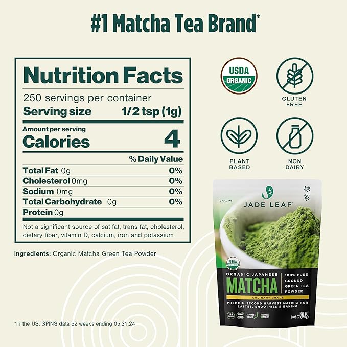 Jade Leaf Matcha Organic Green Tea Powder - Culinary Grade Premium Second Harvest - Authentic Japanese Origin (8.8 Ounce Bulk Resealable Pouch)