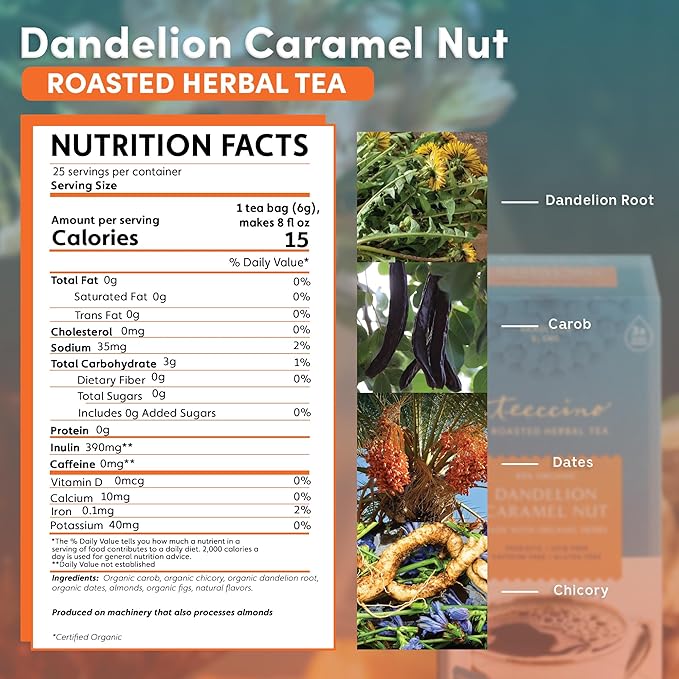 Teeccino Dandelion Caramel Nut Tea, 25 Tea Bags - Caffeine Free, Roasted Herbal Tea with Prebiotics, 3x More Herbs than Regular Tea Bags, Gluten Free, Great Hot or Iced, Herbal Tea