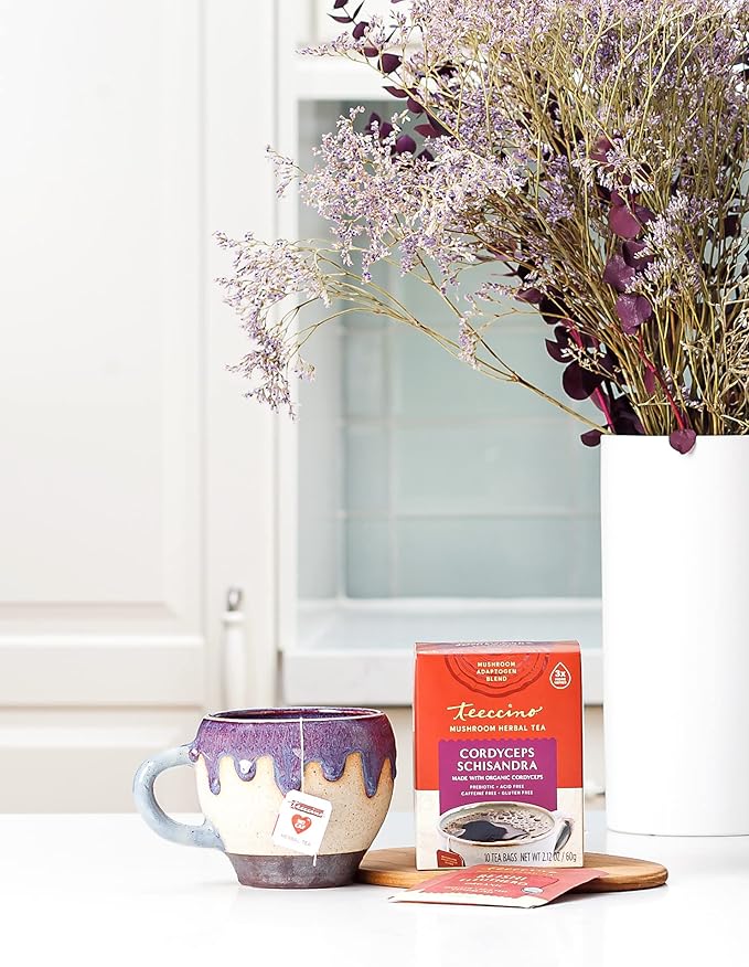 Teeccino Cordyceps Schisandra Tea - Cinnamon Berry - Caffeine Free Mushroom Adaptogenic Herbal Tea, 3x More Herbs Than Regular Tea Bags, Naturally Sweet, Gluten Free, Prebiotic - 25 Tea Bags