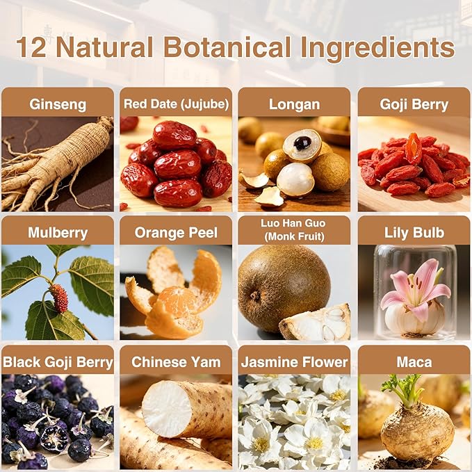 Premium Ginseng Tea - Natural Organic Kidney and Liver Detox Tea - 12 Herbal Blend with Goji Berry,Jujube, Longan, Mulberry & Maca - Caffeine & Sugar Free - 25 Individually Wrapped Pyramid Large Tea Bags (250g)