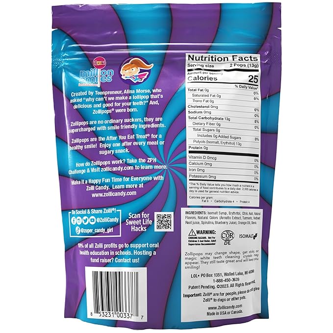 Zollipops Clean Teeth Pops Sugar Free Candy with Xylitol, Dye-Free Lollipops - Keto & Diabetic-Friendly, Dentist-Approved Treats for Kids (Blue Raspberry-Grape, 5.2 oz)