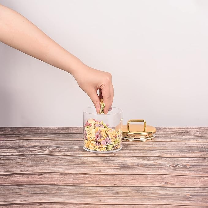 2 Pack 16 oz Small Acrylic Storage Apothecary Jar with Gold Airtight Lid | Bathroom Vanity Organizer Containers | Ideal Decorative Canisters for Shells, Bath Salt, Cotton Swabs, Cotton Ball