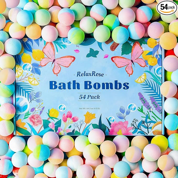 54 Pack Handmade Bath Bombs – 11 Vibrant Colors & 9 Unique Scents, Long-Lasting Fizzy Bubbles & Colorful Magic, 7-Minute Dissolve for Relaxation, Perfect for Birthdays & Summer Self-Care