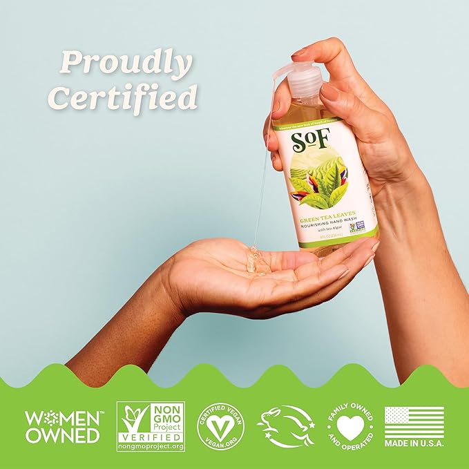SoF Nourishing Hand Wash - With Moisturizing Sea Algae, Coconut & Olive Oil- Vegan & Non GMO- Free From Phthalates, Sulfates & Parabens- Green Tea Leaves - 8 oz Bottle 6 Pack