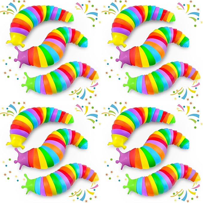 12PCS Baby Sensory Fidget Slug Toys Pack, ASMR Travel Airplane Activities Road Trip Car Toy for Toddler Kids Figette Worm for Adults Stress Relief Gift for Autism ADHD Autistic Caterpillar Stim Toys
