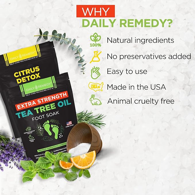 DAILY REMEDY 4-Pack Foot Soak Set - 2 Extra Strength Tea Tree Oil & 2 Citrus Detox - Made In USA - Soothes Tired Feet, Athletes Foot, Stubborn Foot Odor, Softens Calluses & Refreshes & Detoxifies